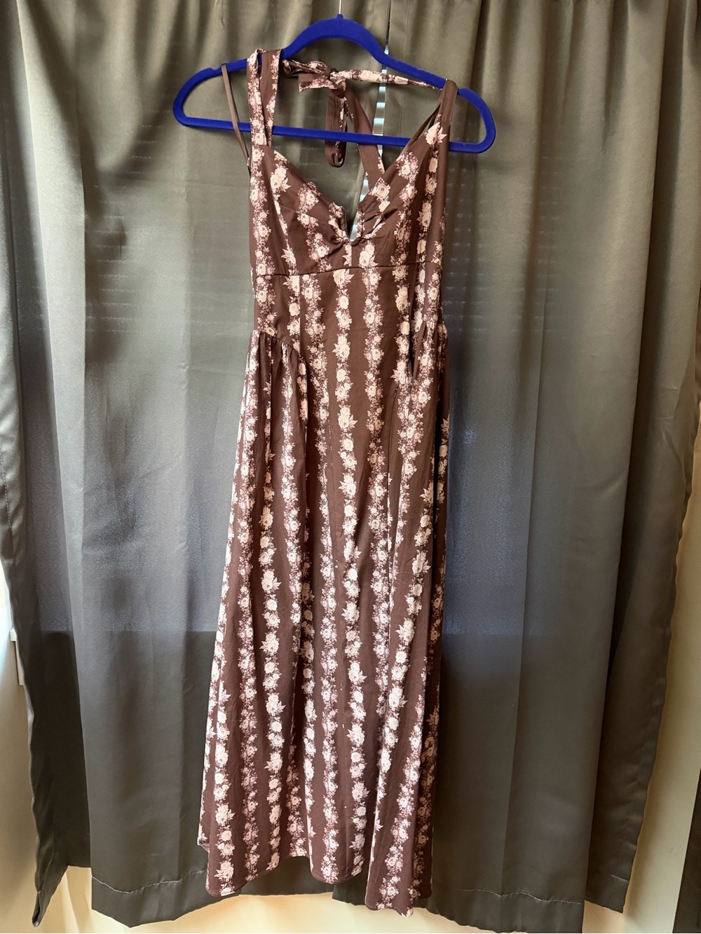 Brown Floral Maxi Dress with Tie Neck